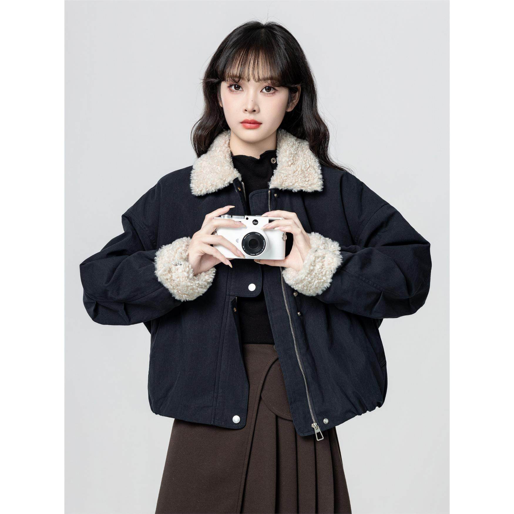 覆古藏蓝色翻领棉服外套女冬2025冬季新款羊羔毛拼接棉衣短款上衣,个性定制/设计服务/DIY,棉服工装,淘宝优惠券,粉丝福利购,淘宝优惠卷