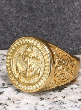 复古海盗船锚戒指 欧美钛钢戒指不锈钢指环古金色男生戒指