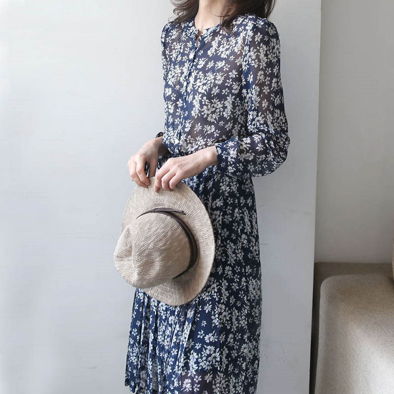 꽃 드레스 2023 봄 여름 새로운 일본식 간단한 기질 우아한 롱 스커트 슬림 피트 드레스 여성 의류