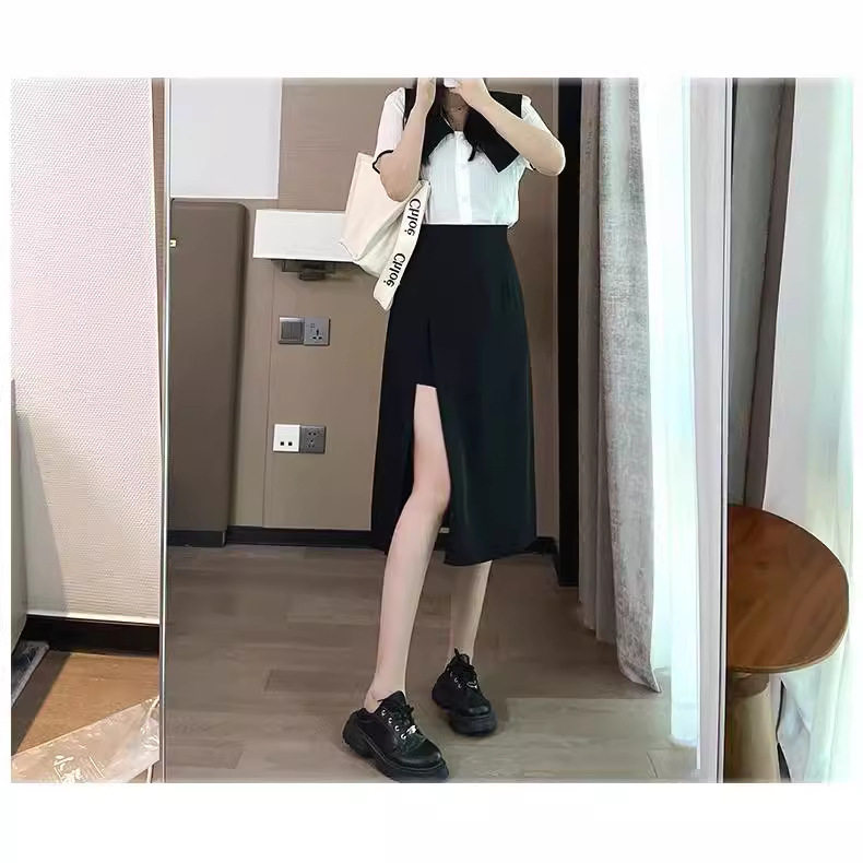 黑色高腰开叉显瘦长款半身裙