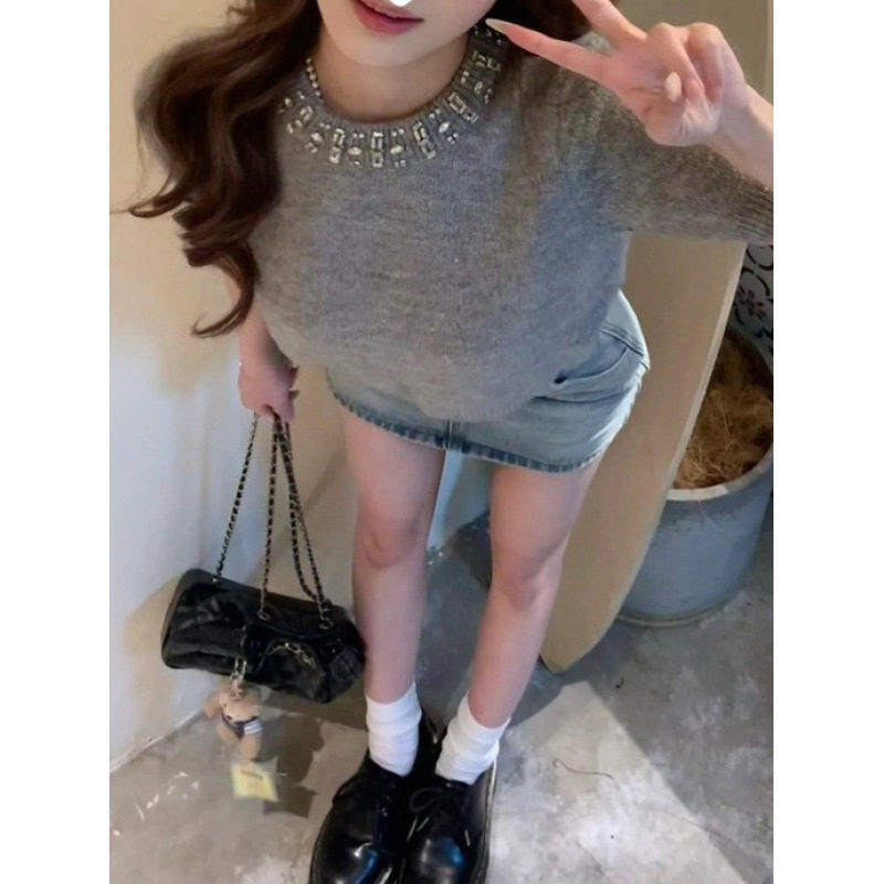 秋款miu系带钻毛衣短袖T