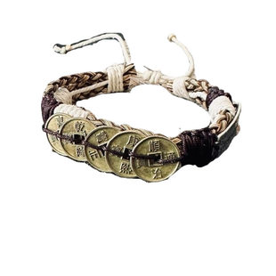 盗墓笔记同款五帝钱手工编织牛皮绳手镯手链复古风小众显气质手绳
