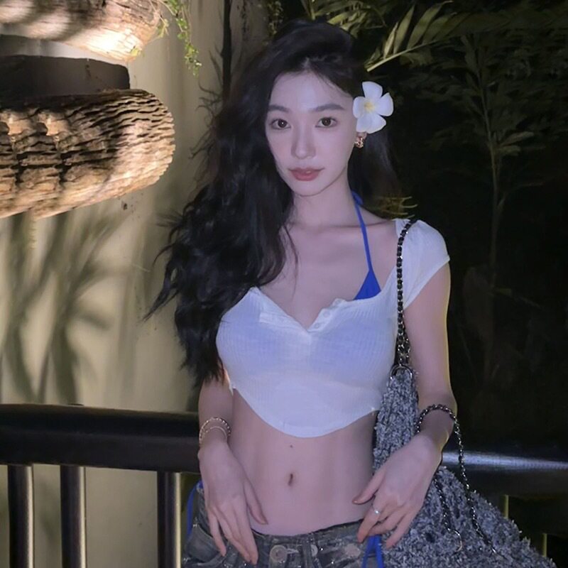易梦玲同款复古蓝显瘦比基尼