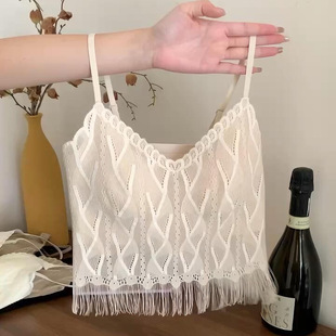 法式流苏蕾丝美背内衣女带胸垫一体免穿文胸内搭吊带打底背心上衣