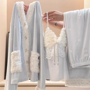 蓝色毛绒睡衣女三件套法式秋冬加厚保暖长袖家居服套装可外穿2025