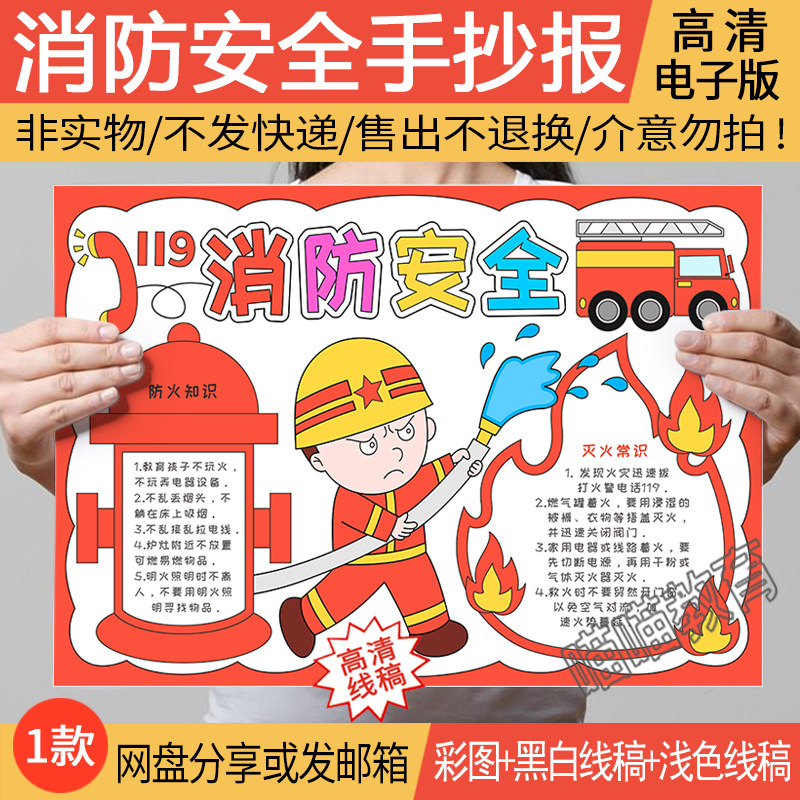 消防安全手抄报电子版模版消防宣传日消防安全知识手抄报线稿