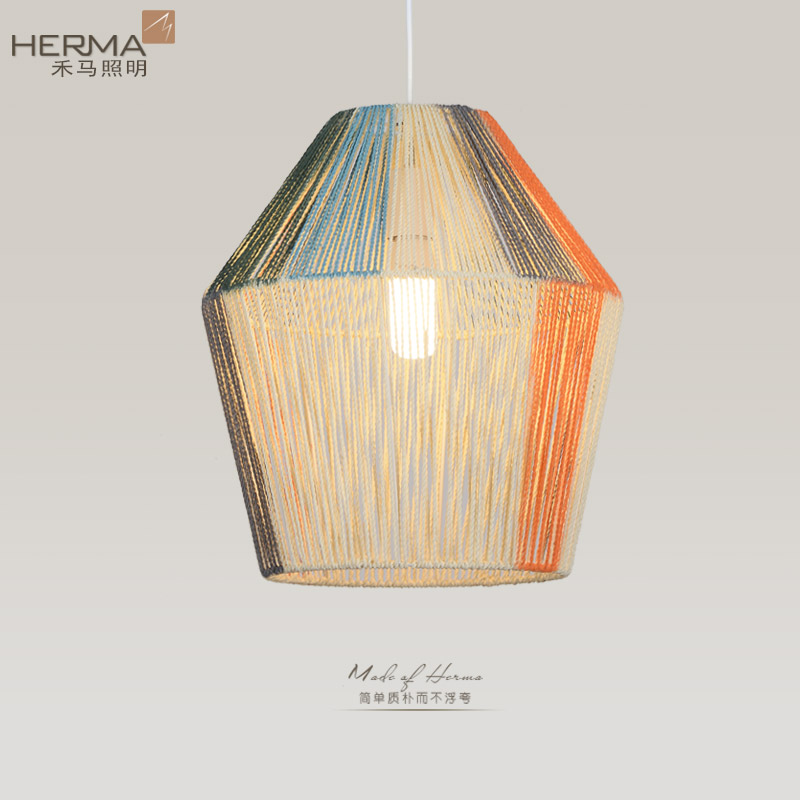 创意麻绳编织吊灯彩色藤艺灯罩新中式床头田园民宿设计师样板房灯