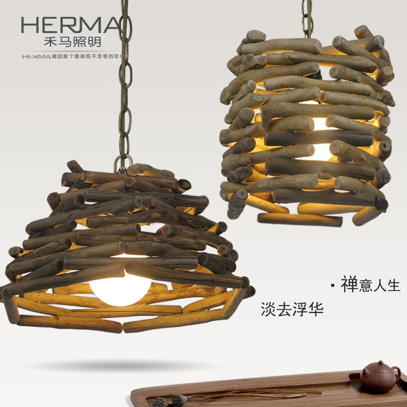 美式乡村复古木艺灯具个性主题餐厅咖啡厅吧台原生态木条禅意吊灯