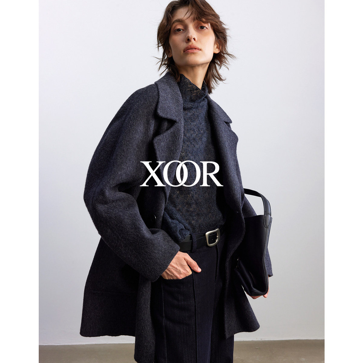 XOOR山羊绒羊毛混纺大衣2025冬女大翻领双排扣中长款毛呢外套简约