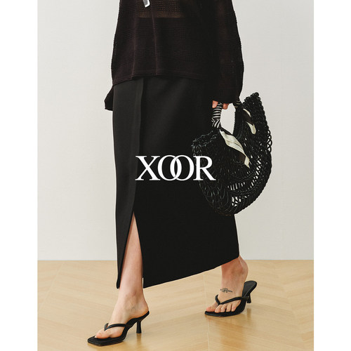 XOOR黑色精纺斜纹蕾丝铅笔裙2026