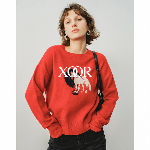 XOOR新年红全羊毛小马合身毛衣