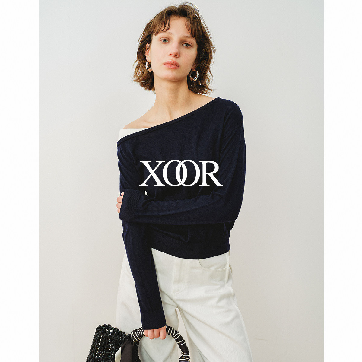 XOOR羊毛混纺露肩绣花针织衫2026