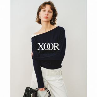 XOOR羊毛混纺千金风露肩毛衫女一2026春字肩撞色精致绣花针织上衣