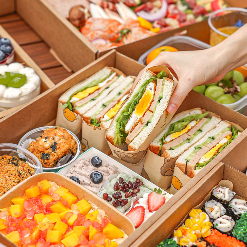 野餐牛皮纸盒打包便当盒手提带盖一次性户外露营包装盒食品级点心