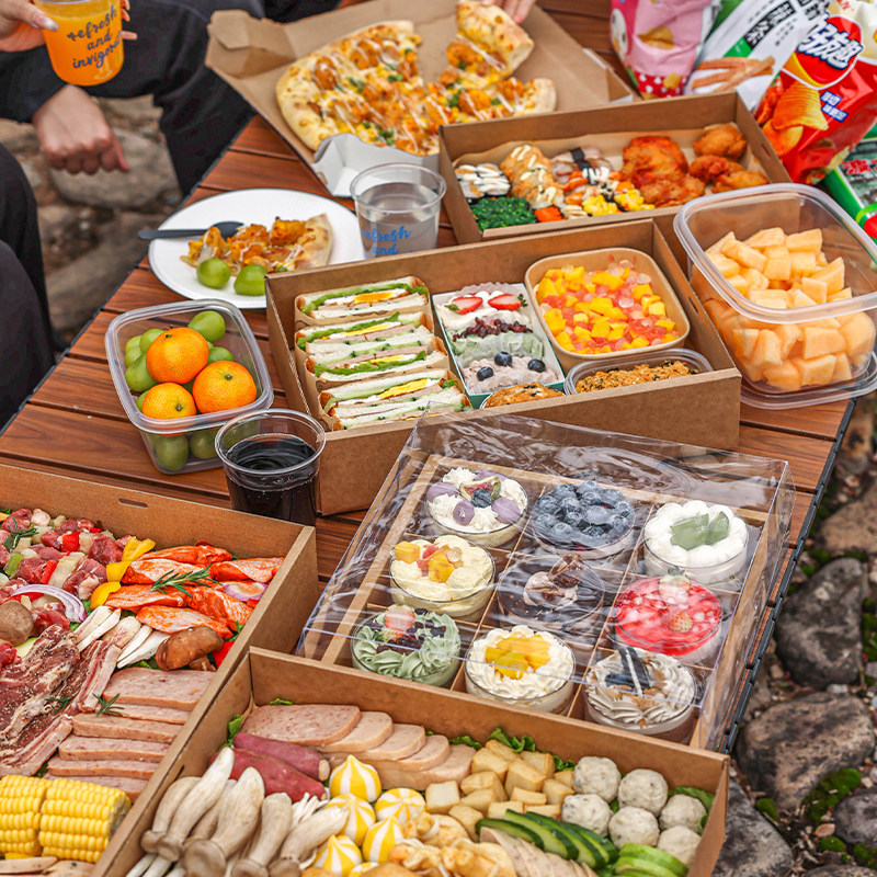 牛皮纸盒打包便当盒野餐手提带盖一次性户外露营包装盒食品级点心