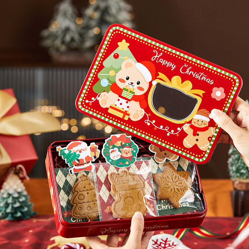 圣诞糖果包装盒开窗雪花酥马口铁盒铁罐长方形饼空盒子送礼烘焙装