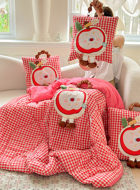 红色格子全棉抱枕被纯棉沙发可爱抱枕车用儿童包被办公室午休睡被