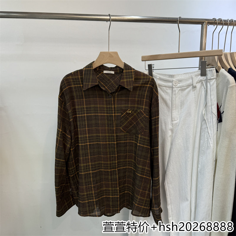 欧洲站2026早秋新款休闲百搭Polo领纯色柔软格子单口袋衬衫外套女