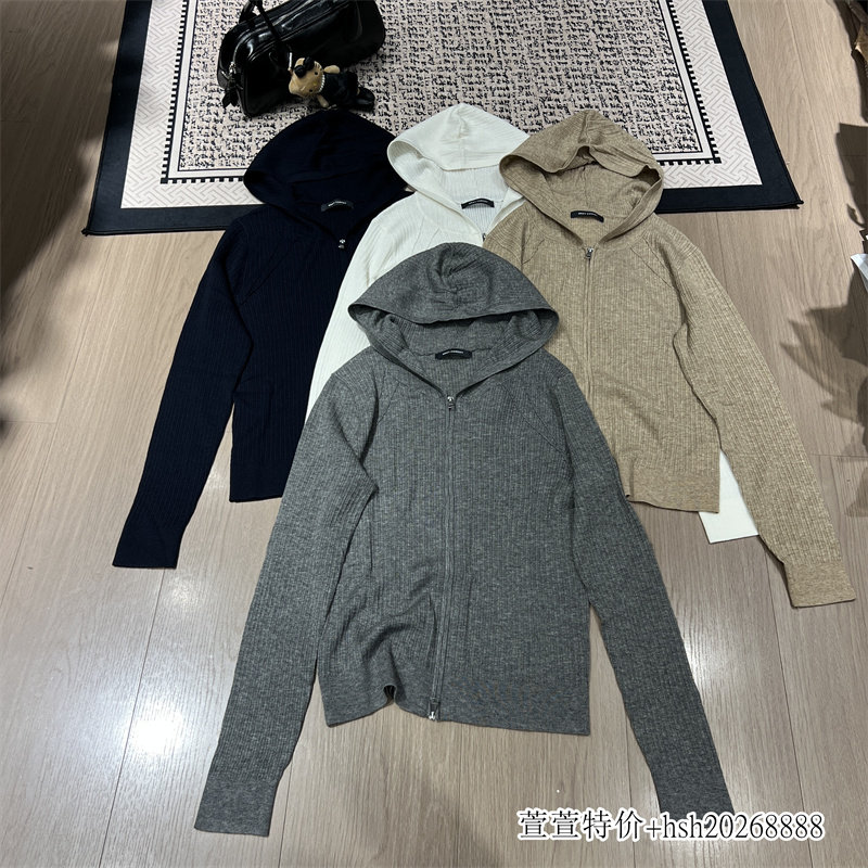 欧洲站2026秋季新款连帽拉链针织开衫长袖纯色简约风坑条纹上衣女