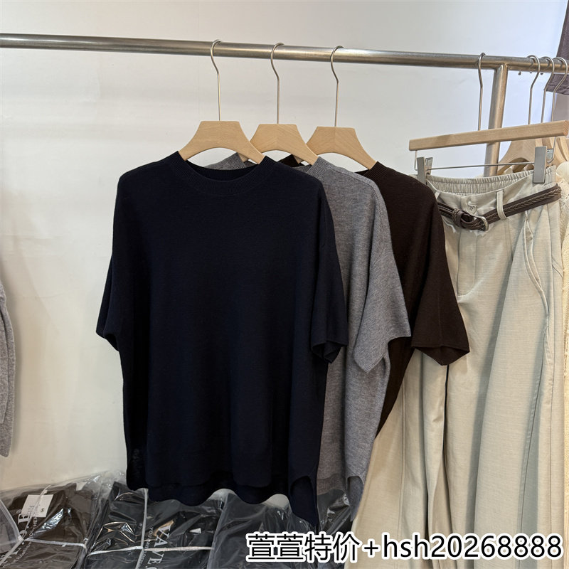 欧洲站2026早秋新款休闲简约圆领宽松显瘦短袖柔软绵羊毛针织衫女