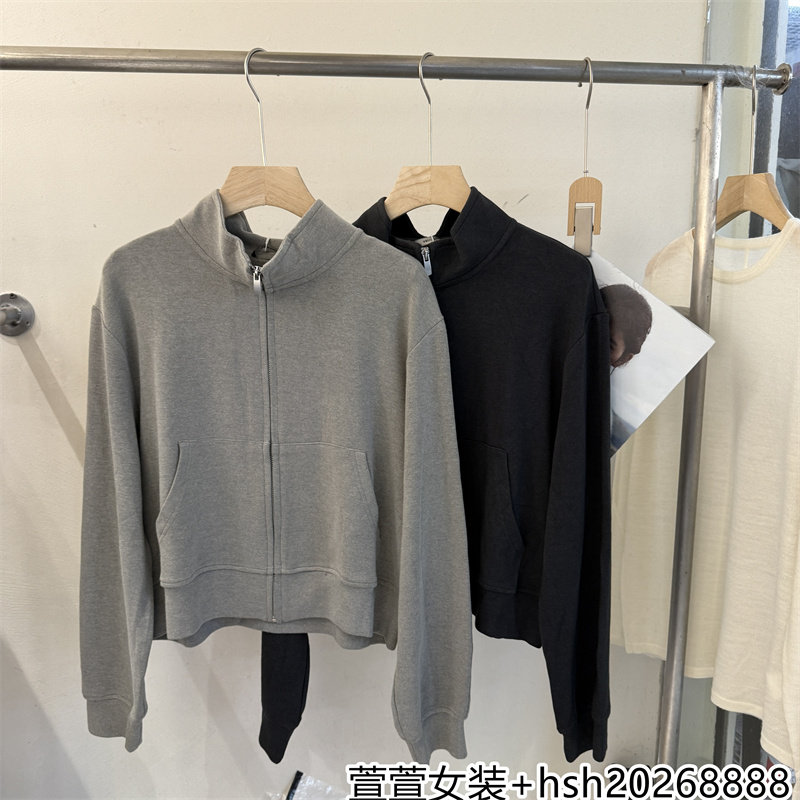 欧洲站2026早秋新款休闲百搭半高领宽松纯色拉链长袖开衫卫衣外套
