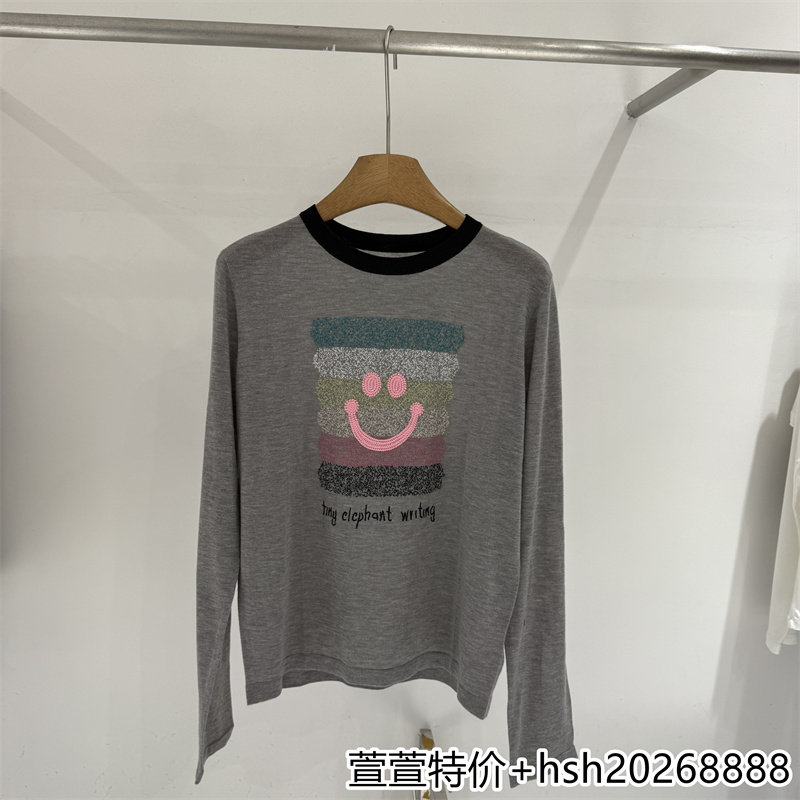 欧洲站2026早秋新款时尚百搭圆领宽松图案印花羊毛羊绒T恤上衣女
