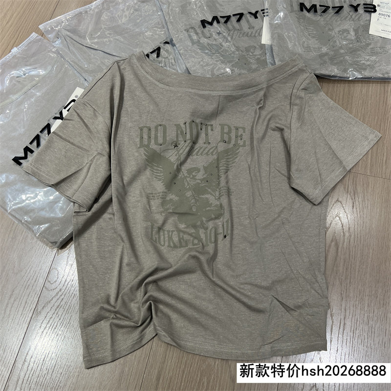 欧洲站2026春季新款一字肩卡通字母印花短袖T恤宽松百搭质感上衣