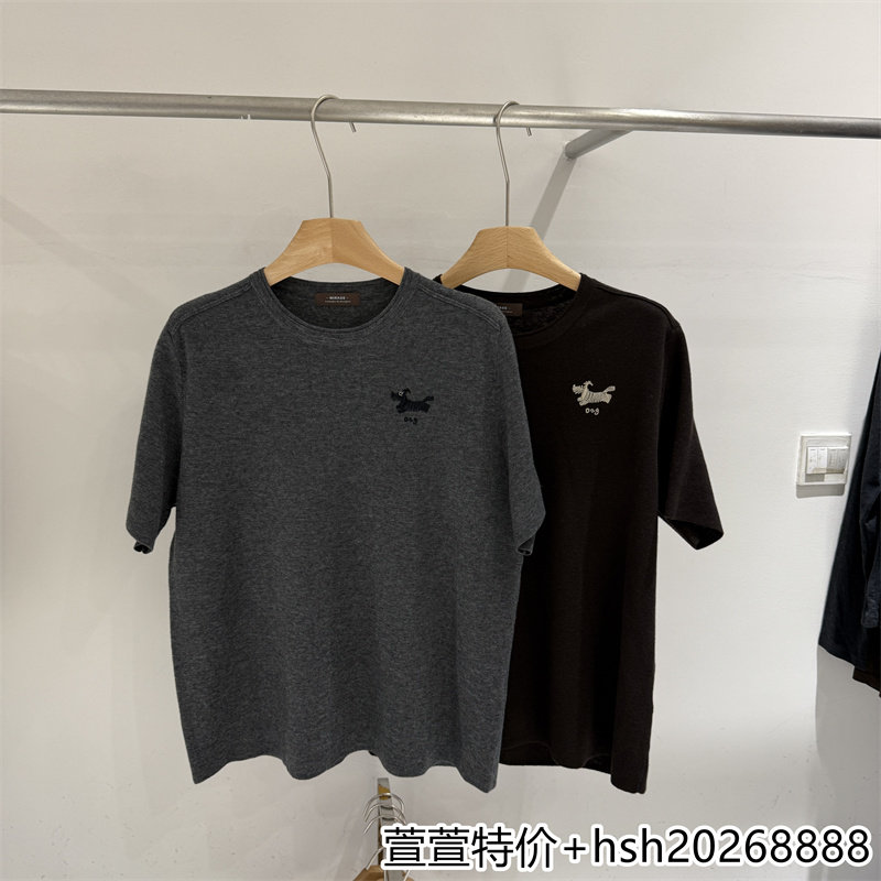 欧洲站2026早秋新款简约百搭圆领宽松纯色小狗刺绣绵羊毛针织短袖