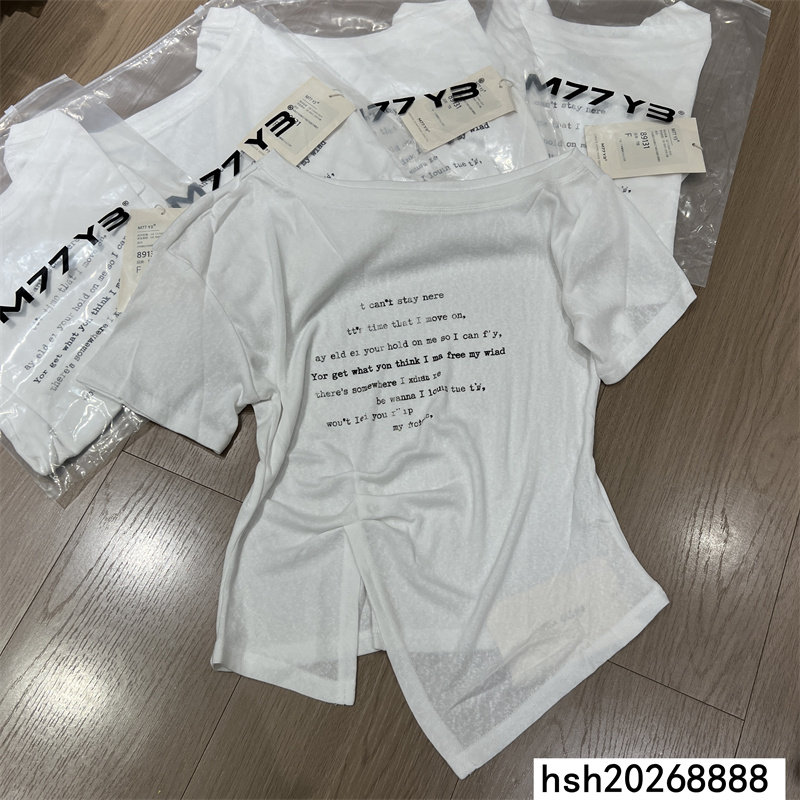 欧洲站2026夏季款美式字母印花斜肩露肩短袖T恤不规则设计感上衣