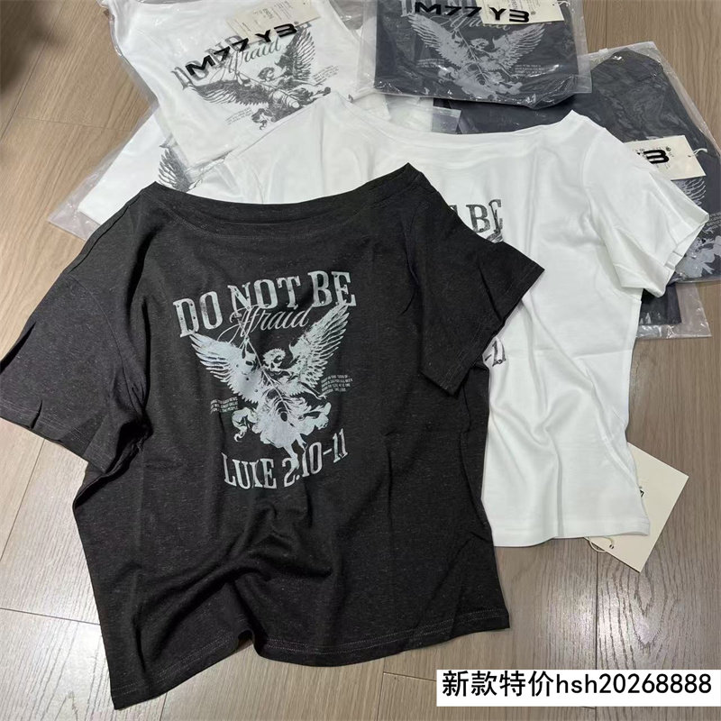 欧洲站2026春季新款韩系设计感卡通字母印花短袖t恤女一字肩上衣
