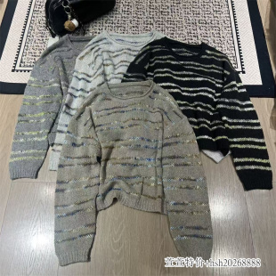 欧洲站2026秋季新款慵懒风圆领宽松条纹亮片针织衫女长袖保暖上衣