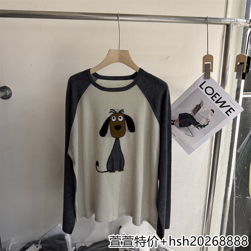 欧洲站2026早秋新款休闲百搭圆领拼色插肩袖柔软小狗印花羊毛T恤