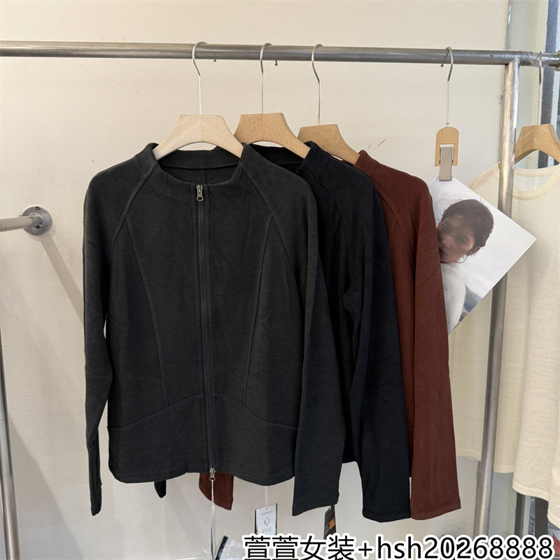 欧洲站2026早秋新款休闲百搭圆领宽松纯色双拉链长袖羊毛卫衣外套