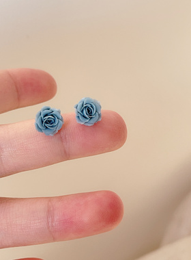 新款银针小清新晕染蓝色山茶花耳钉女温柔气质简约耳环新款耳饰