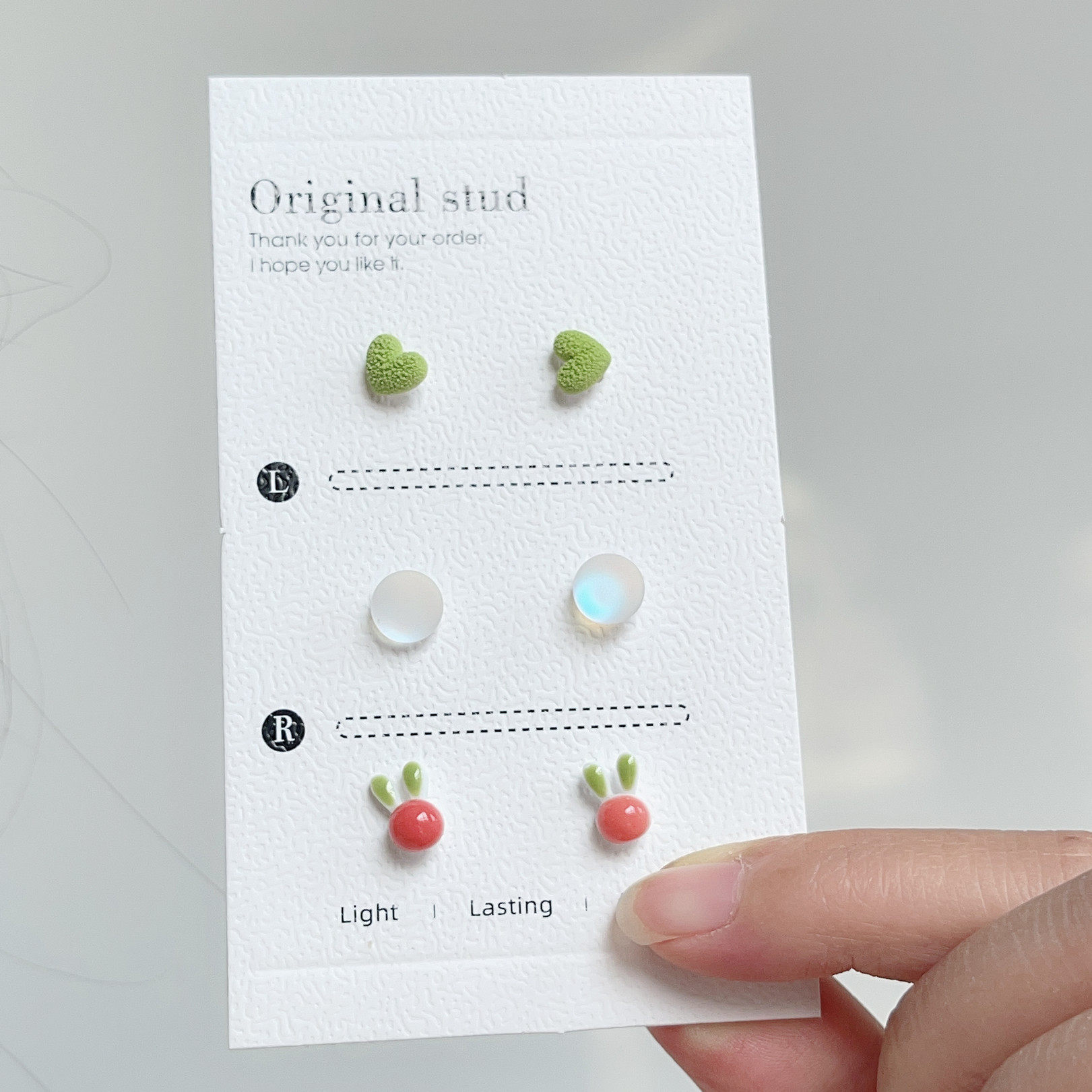 三多装养耳洞绿色兔子爱心耳钉套装防过敏生物瓷针耳饰可爱日常