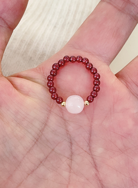 S925纯银石榴石粉水晶戒指女简约手工弹力绳小众设计感食指指环