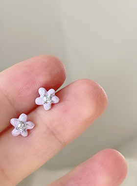 S999纯银针紫色小花耳钉女小清新甜美少女耳环小众设计感精致耳饰