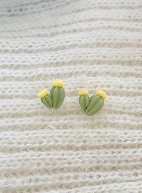 小清新仙人掌绿色小巧耳钉925银针森系春夏甜美耳环陶瓷耳饰新款