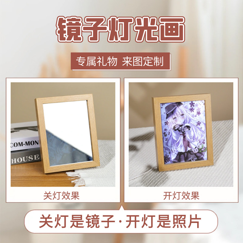 创意镜面灯光画小夜灯来图定制动漫情侣照片开灯发光相框生日礼物
