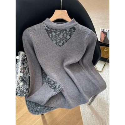 韩系针织衫女秋冬季半高领打底毛衣皮草内搭镂空蕾丝拼接挂脖上衣