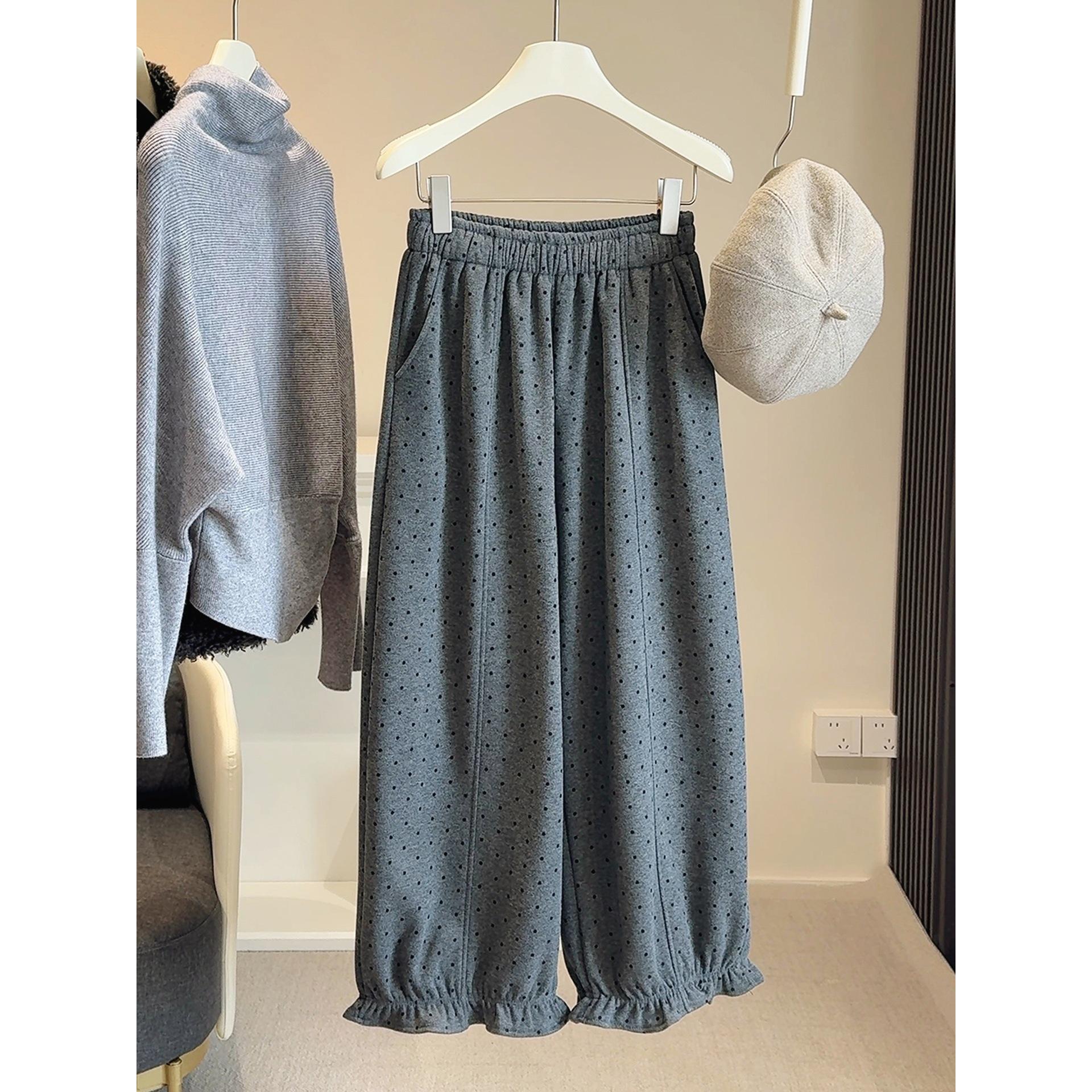 新款高腰宽松显瘦波点加绒加厚毛呢阔腿花苞裤女冬休闲百搭九分裤