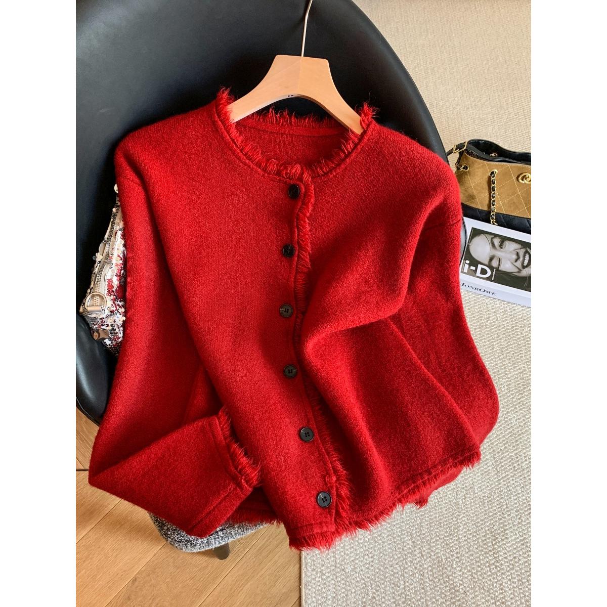十三行气质新年红色小香风毛衣开衫女秋冬季设计感流苏针织衫上衣