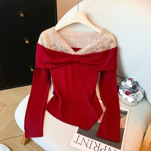 十三行新款法式ins巨美一字露肩名媛风T恤辣妹穿搭显瘦长袖上衣女