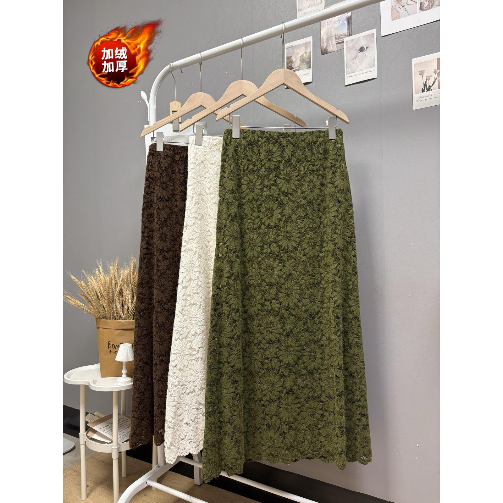 法式chic秋冬新款2025高品质重工蕾丝提花半身裙加绒加厚a字长裙