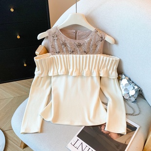 十三行新款法式巨美露肩名媛风T恤辣妹穿搭显瘦长袖修身显瘦上衣