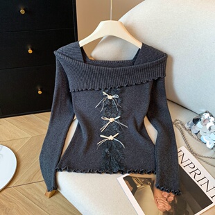 十三行2025秋冬法式 女拼接蕾丝显瘦上衣 温柔风一字肩木耳边针织衫