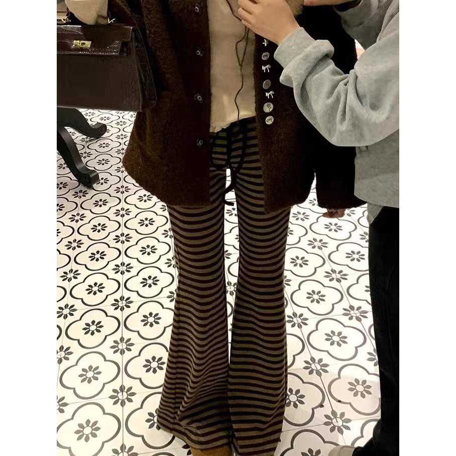 十三行加绒加厚宽松显瘦条纹微喇裤女秋冬糯米裤阔腿垂感休闲裤子