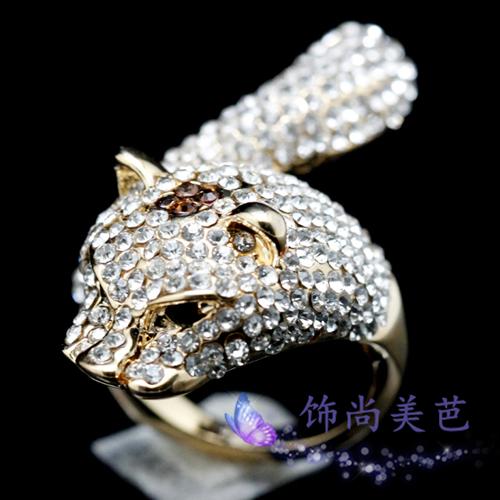 日韩满钻豹子头大戒指女生时尚潮人夸张食指环个性水晶动物尾戒金