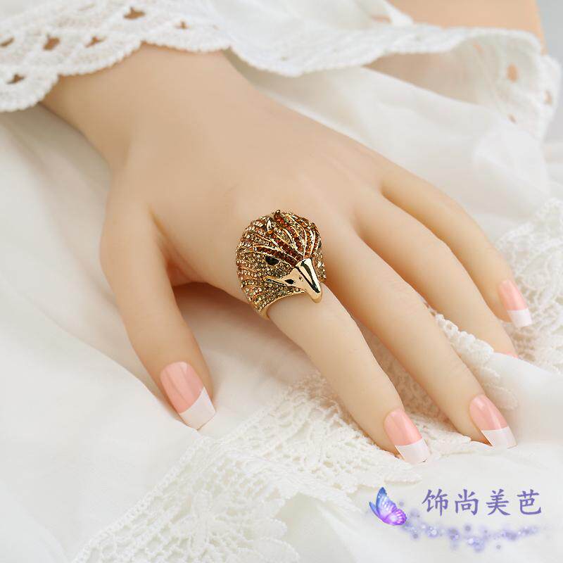 欧美复古玫瑰金老鹰头个性夸张大水晶镶钻戒指女 潮人朋克食指戒
