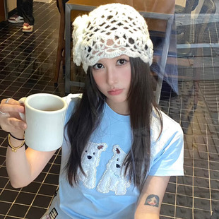ins同款 手工钩花立体镂空花朵包头帽女针织显脸小冷帽套头堆堆帽